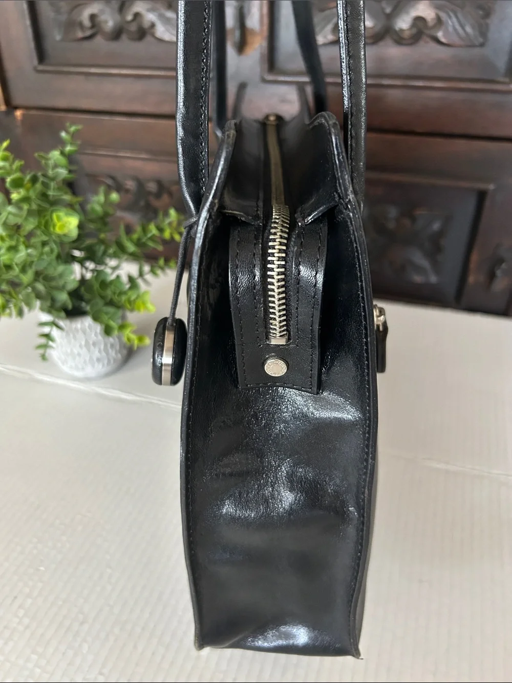 Monsac Black Leather Shoulder Tote with Logo Charm